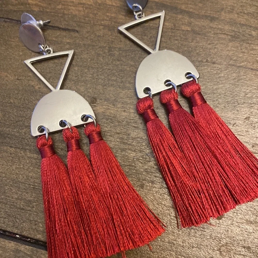 Red tassel earrings silver‎ earrings with triple red tassel dangle earrings